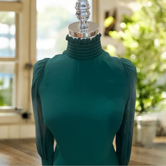Reformation Archie Shirred Georgette Mini Dress Green Women’s 4 Long-Sleeve High - Picture 8 of 14